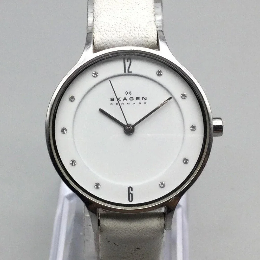 Skagen Watch Womens 30mm Silver Tone White Leather 358SSSD SKW2145 New Battery